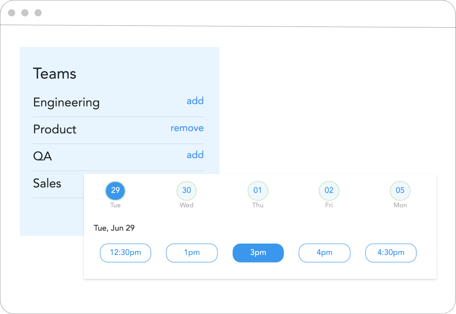 1-Click Team Meetings: Forget about the dreaded colorful calendar screen where you add each member and try to solve the 2D Rubik's Cube puzzle. Create a Team once and click on the Team's Meet icon to get the available time slots of everyone on the team.